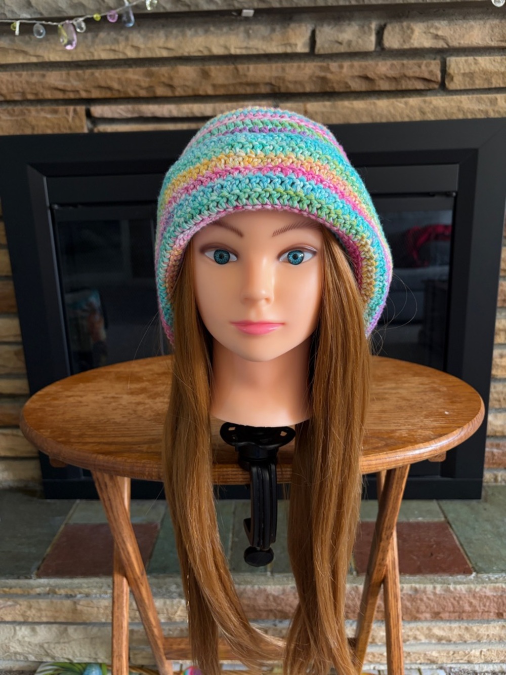 Handmade Crochet Stripe Beanie Hat in Pastel Multi
